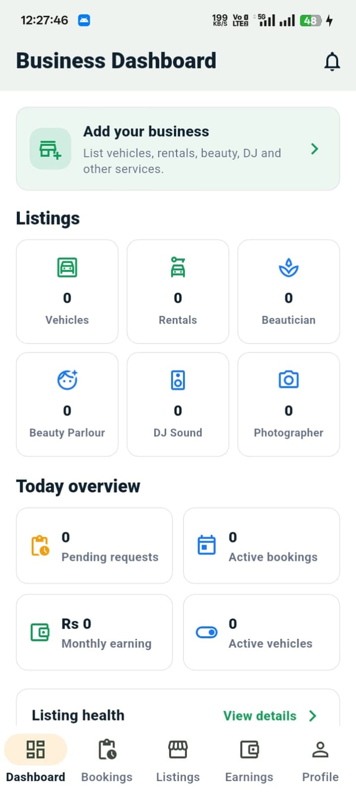 4Gear business dashboard screen showing listings and today's overview
